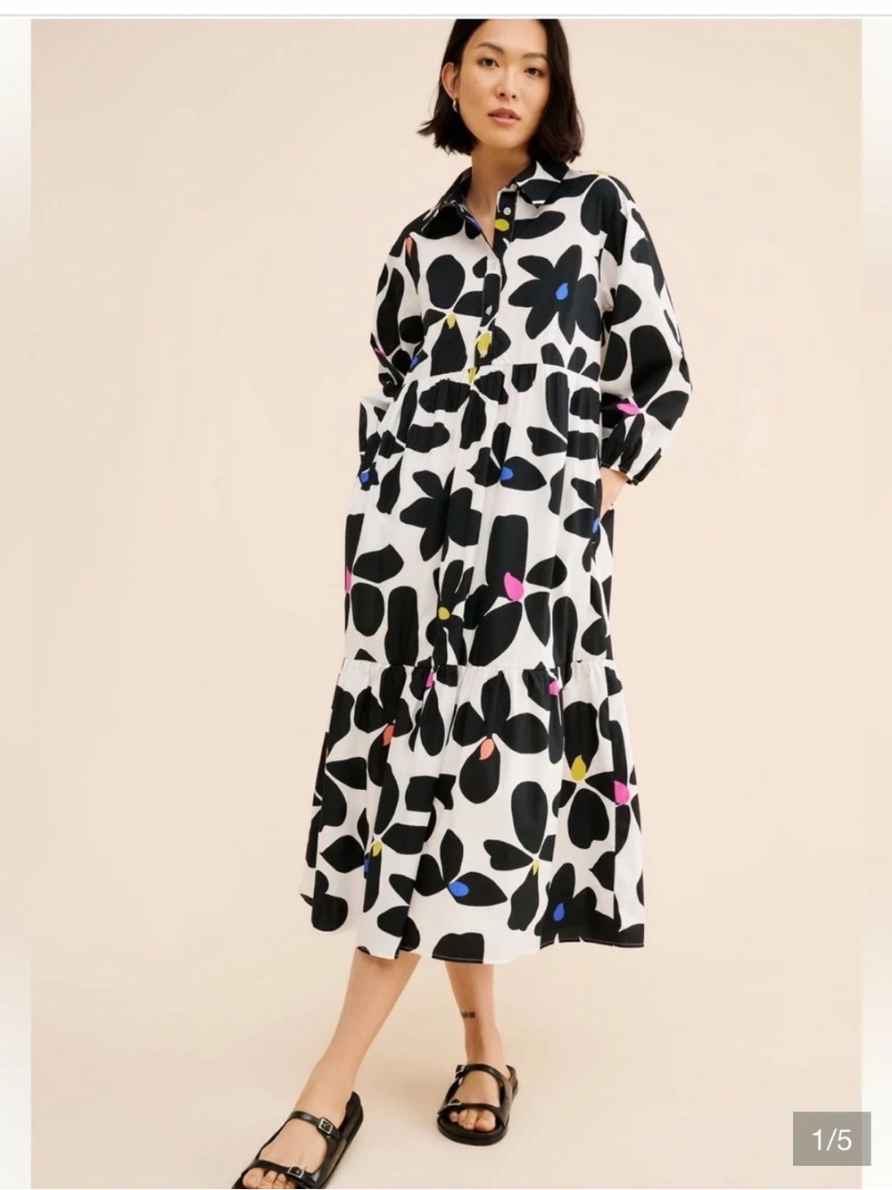 Anthropologie Black & White Floral Tiered Dress with Colorful Accents